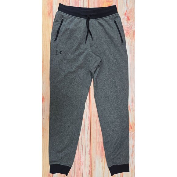 Under Armour Mens Tapered Joggers Medium Heather Gray Black Pockets Stretch Fit - Picture 1 of 7